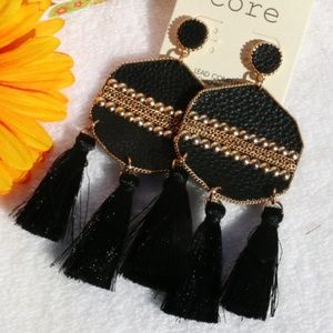 Boho Leather Dangle Tassel Post Earrings Goldtone